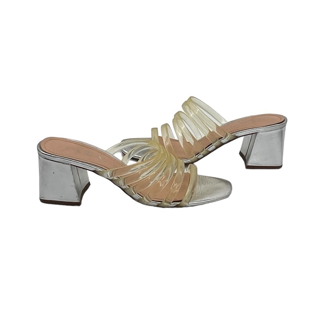 Zara Trafaluc Silver Jelly Strap Block Heel Square Toe Sandals Size 38 Women's